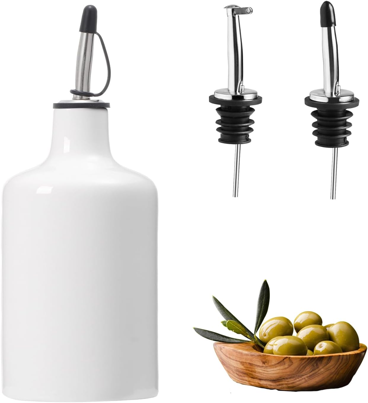 HOMCDALY Ceramic Olive Oil Dispenser Bottle, 16oz Oil Dispenser Bottle for Kitchen, Oil Container, Kitchen Oil Dispenser（White）