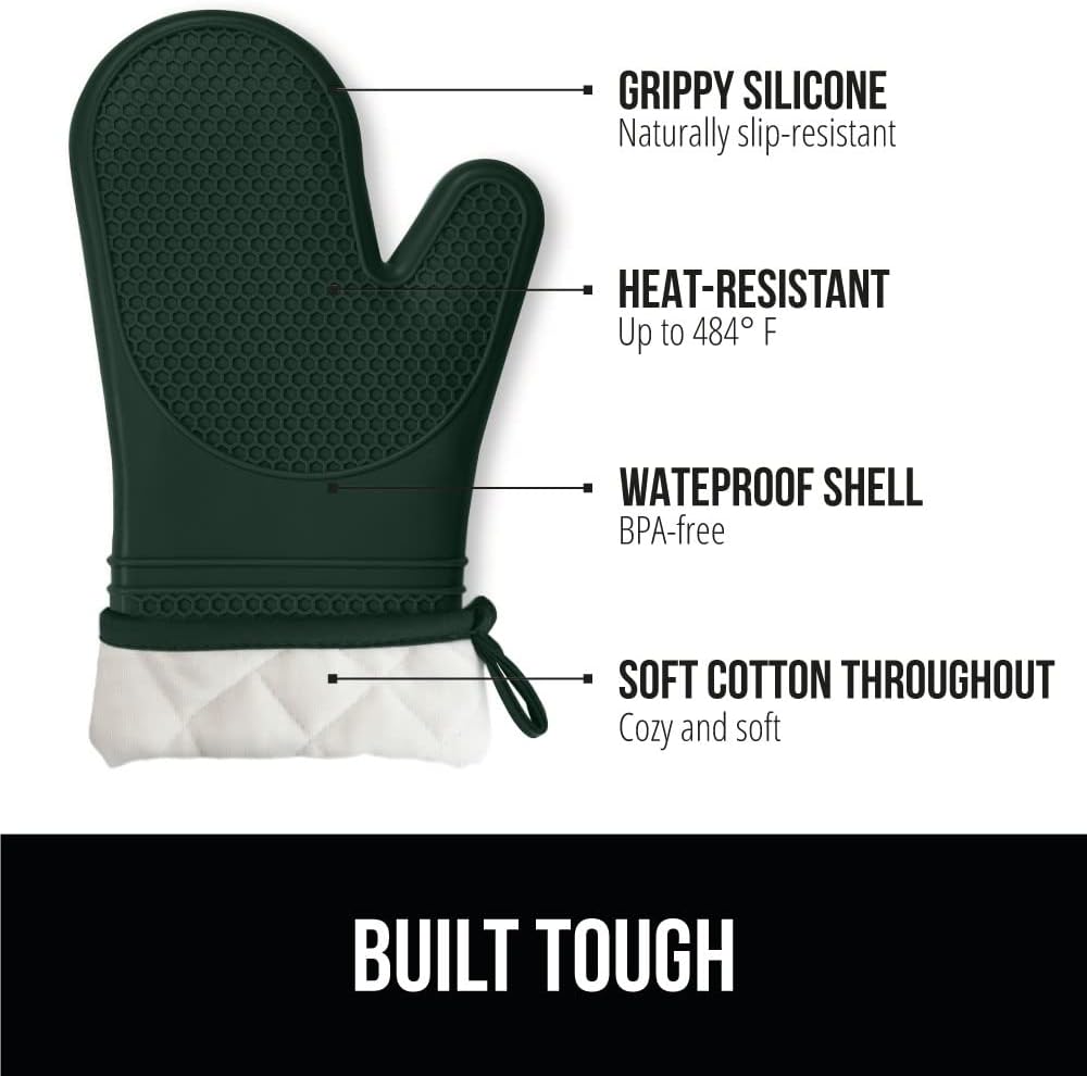 GORILLA GRIP BPA-Free Soft Silicone Oven Mitts, 14.5x8.3, Heat Resistant and Waterproof Cooking Gloves, Thick Cotton Lining, Flexible Gripping for Baking Grilling, Kitchen Potholders Set, Hunter Green