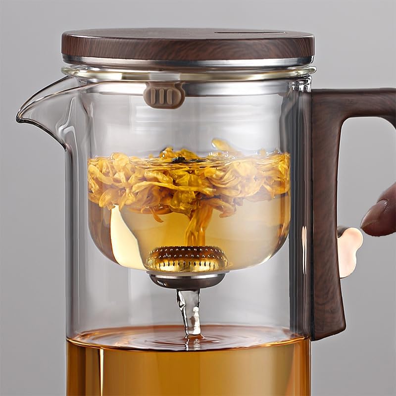 Enchanti Magic Tea Pot, 900ML Water Separation Glass Teapot with Wooden Handle, Press Control Enchanti Tea Infuser with Strainer for Loose Leaf Witchcraft Tea Kettle