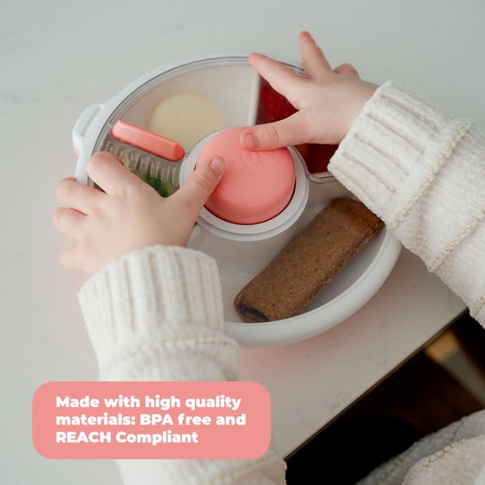 GoBe Kids Small Snack Spinner Slide Bundle with Hand Strap and Sticker Sheet - Reusable Snack Container with 5 Compartment Dispenser and Lid | BPA/PVC Free | Dishwasher Safe | No Spill - Taro Purple