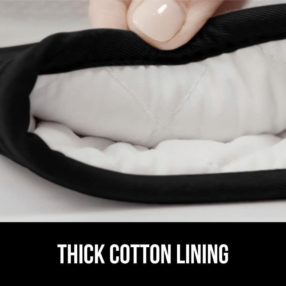 GORILLA GRIP BPA-Free Soft Silicone Oven Mitts, 14.5x8.3, Heat Resistant and Waterproof Cooking Gloves, Thick Cotton Lining, Flexible Gripping for Baking Grilling, Kitchen Potholders Set of 2, Black