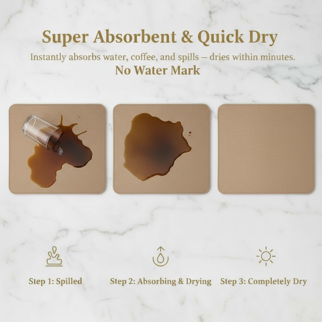 Dish Drying Mat Super Absorbent – 24" x 16" Coffee Mat for Countertops – Non-Slip Drying Mat for Kitchen Counter – Easy to Clean Water Absorbent Mat – Large Dish Drying Mats (Brown)