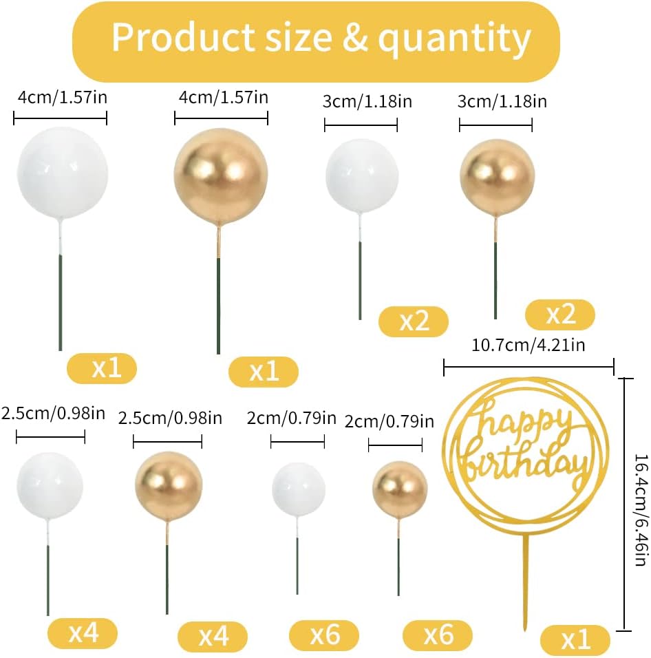 BEISHIDA-Cake Topper Gold 27 Pack Cupcake Topper with Mini Balls, Happy Birthday Acrylic Toppers Insert Pick DIY for Cake Decorations Anniversary Wedding Baby Shower Party (Gold/White)