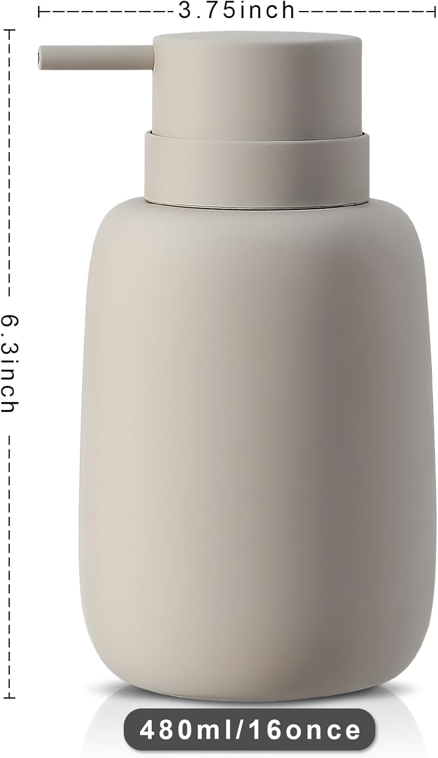 Ceramic Hand Soap Dispenser for Bathroom,16OZ Matte Dish Soap Dispenser for Kitchen Sink,Refillable Liquid Lotion Dispenser with Easy-to-Press Pump Rubber Paint (Grey)