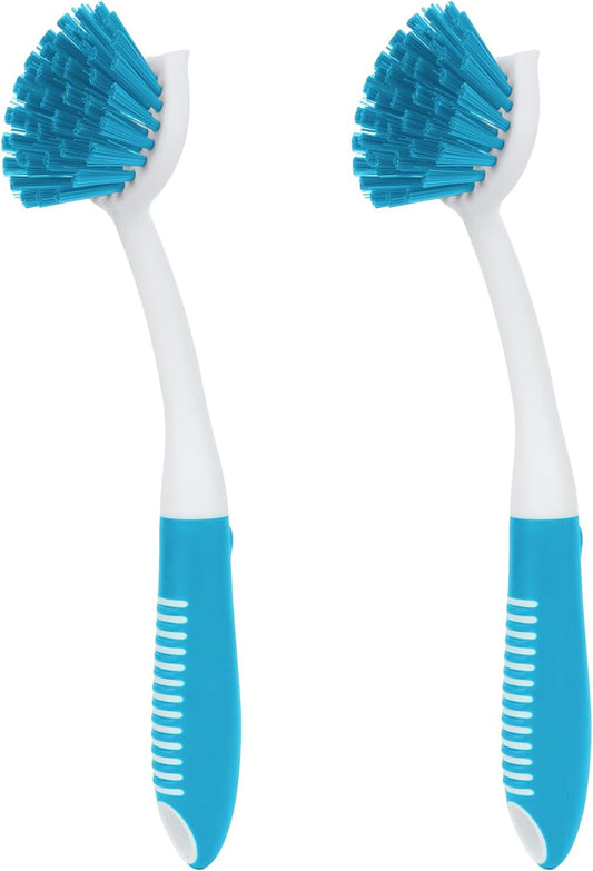 Dish Brush with Handle, 2 Pack Scrub Brushes with Built-in Scraper for Cleaning Kitchen, Pots, Pans and Sink, Scrubber Washing Tools, Blue