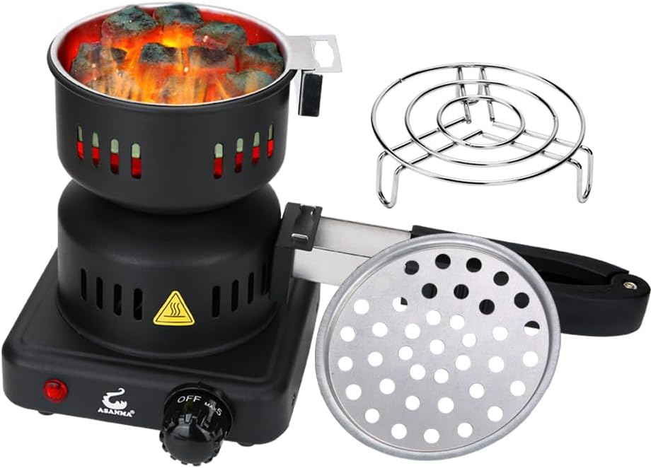 Coal Burner, Charcoal Starter Multipurpose Coal Burner Faster Electric Stove With Mini Pan,Detachable Handle,Stainless Steel Grill & Rack for Cubes