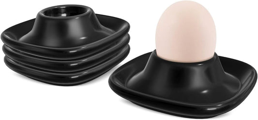 Flexzion Soft Boiled Egg Holder Set - 4-Piece Black Ceramic Egg Cup, Stackable Egg Coddler Cups with Base for Serving, Breakfast, Brunch - Kitchen Table Decor, Black