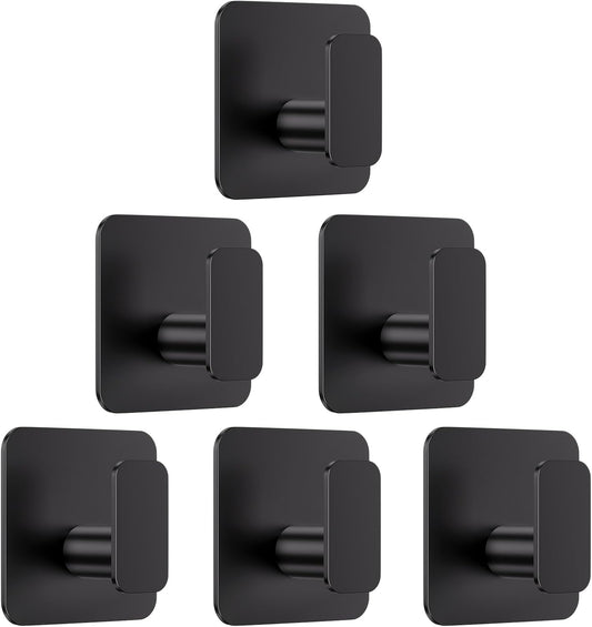 Black Hooks for Hanging Heavy Duty, Adhesive Hooks for Shower, Bathroom, Kitchen, Robe, Towel, Coat, Waterproof & Rustproof Hook for Walls No Damage, Stainless Steel Sticky Hook - 6 Pack