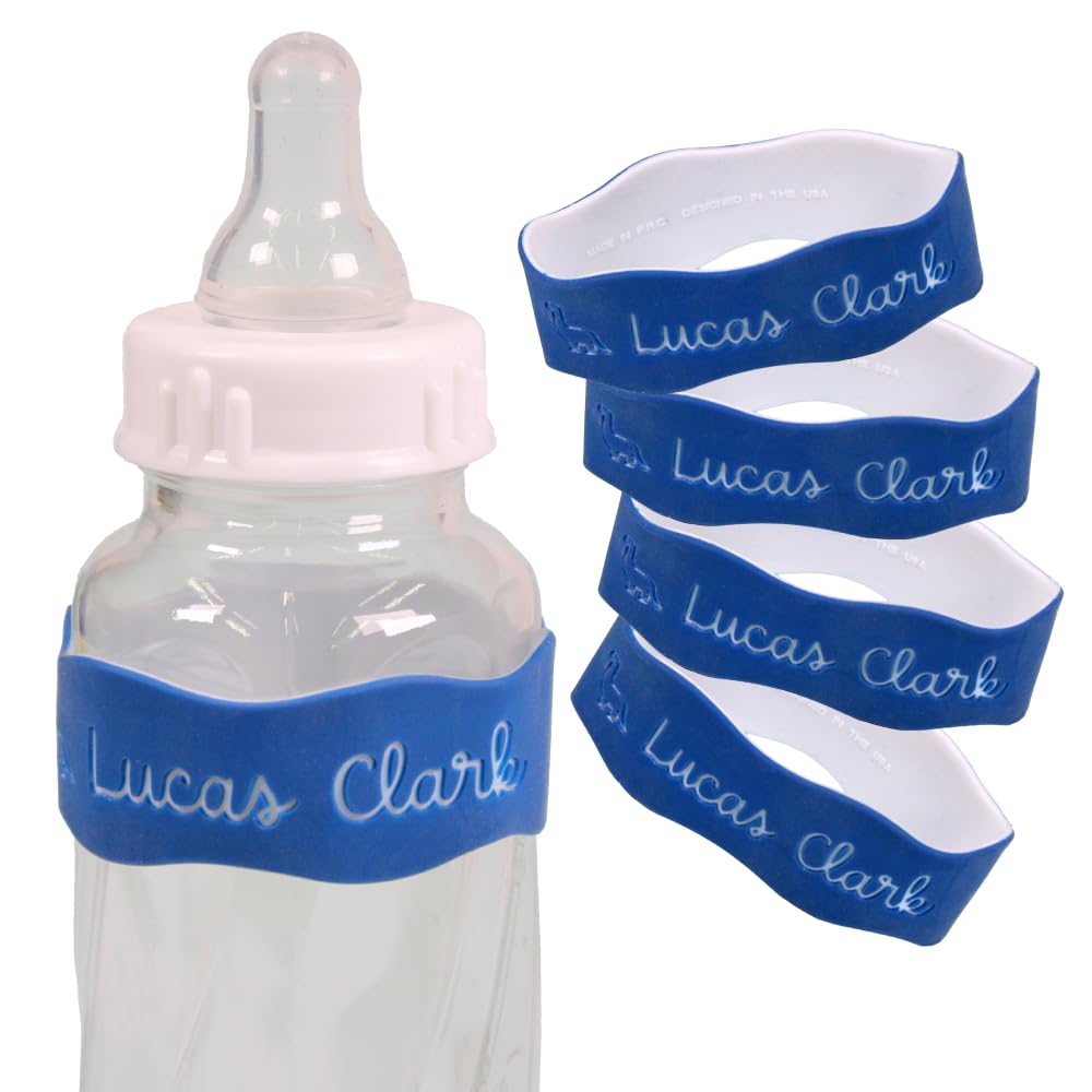 InchBug Orbit Labels - Baby Bottle Name Labels for Daycare, Sippy Cup Bands - Engraved Silicone, Reusable, Dishwasher Safe, White Contrasting Personalization, 4-Pack (Nautical Navy)