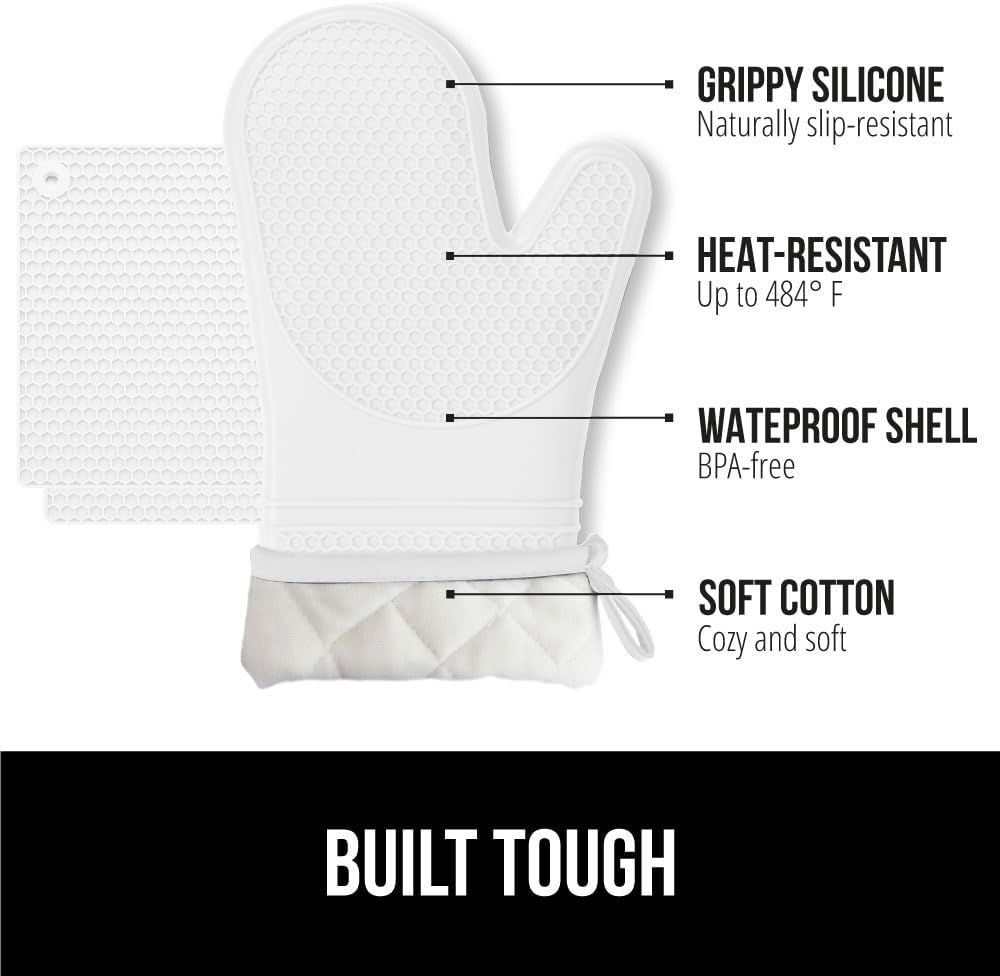 GORILLA GRIP BPA-Free Soft Silicone Oven Mitts and Pot Holders Sets of 4, Heat Resistant Waterproof Cooking Gloves, Thick Cotton Lining, Flexible Gripping for Baking Grilling, Kitchen Trivets, White