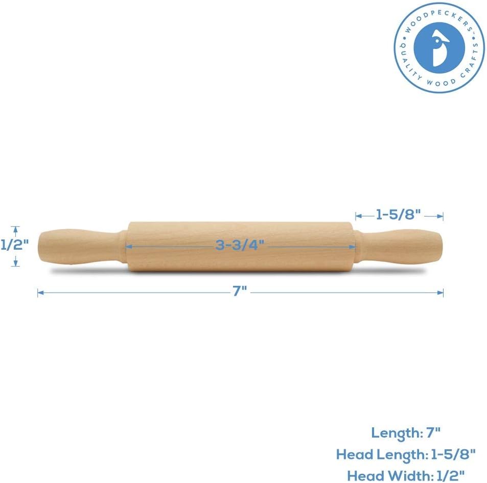 Wooden Mini Rolling Pin, 7 Inches Long, Pack of 12, Perfect for Fondant, Pasta, Baking in the Kitchen, Play-doh, Crafting and Imaginative Play, by Woodpeckers