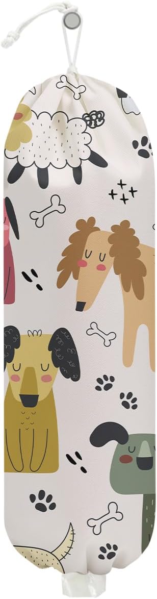 Dog Plastic Bag Holder, Wall Mount Grocery Bag Holder, Plastic Storage bag, Pull Rope Free Adjustment, Plastic Bag Holders for Grocery Bags, Plastic Bag Dispenser for Pantry Kitchen, Dog Lover Gifts
