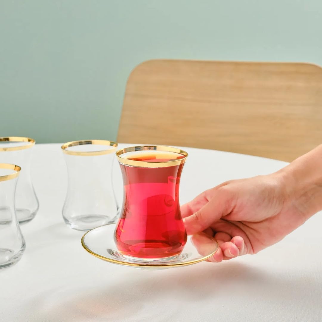 KARACA Sydney Glass Turkish Tea Set for 6 People, Gold, 12 Pieces Tea Service, 6 Turkish Tea Glasses with Saucers, Glass, 5.4 fl oz Tea Plates/Saucers