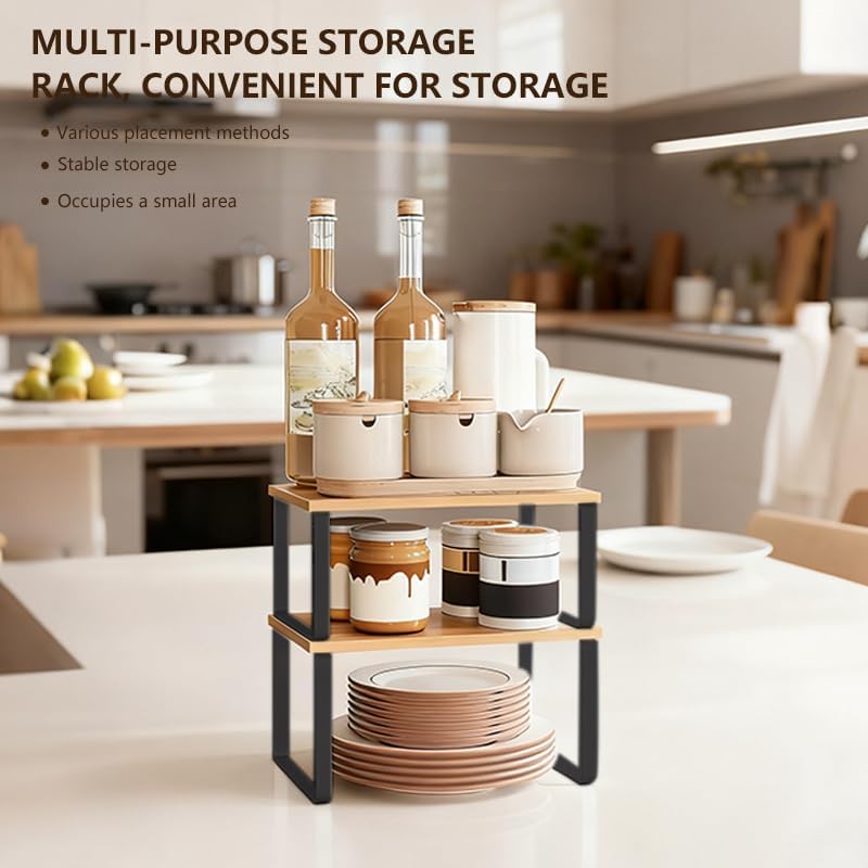 Cabinet Organizer Shelf, Set of 2 Stackable Counter Shelves, Wood and Metal Cabinet Storage Rack, Expandable Kitchen Spice Rack, Multi-Purpose Shelf for Pantry, Bathroom, or Tabletop