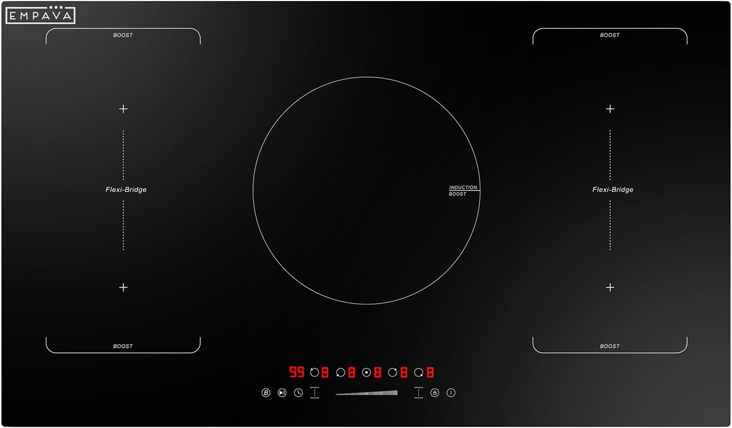 Empava 36 Inch Electric Induction Cooktop 5 Burners, Flat Glass Top Stove with Bridge Function, Timer, Pause, Child Lock, Booster, Slider Level Control, Shutdown, Auto Pan Detection, Black