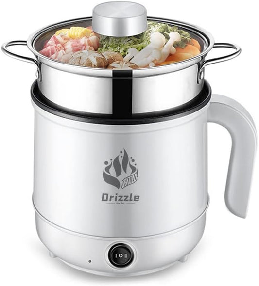 Drizzle Electric Hot Pot Cooker 1.7L Mini Skillet NonStick Coating Stir Fry Food Maker 110V Portable Cookerware Dorm Cooking With Steamer for Personal Ramen Boiling Steak Egg Oatmeal Soup Shabu