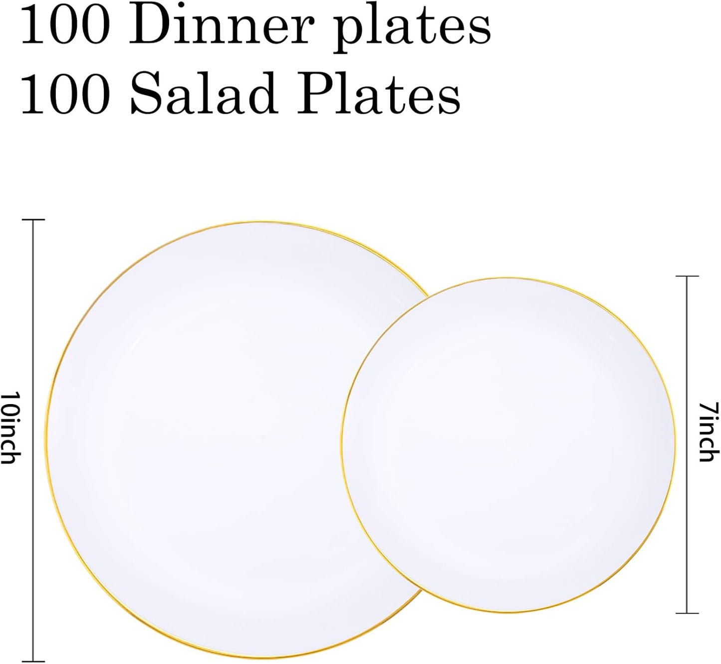 KIRE 200PCS Gold Plastic Plates - Disposable Plates for Party - White Plastic Plates with Gold Rim Include 100 for Dinner and 100 for Dessert/Salad in Wedding