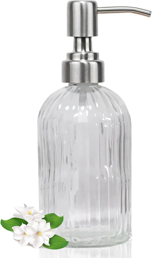 14Oz Clear Soap Dispenser Bathroom, Glass Hand Soap Dispensers with Stainless Steel Pump, Refillable Dish Soap Dispenser for Kitchen, Countertop Soap Dispensers