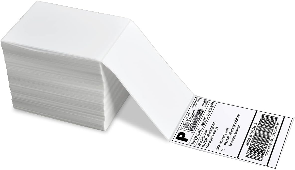 FungLam 4" x 6" Direct Thermal Shipping Labels - Pack of 500 Fanfold Labels - White Perforated, Permanent-Adhesive, Compatible Zebra & Rollo Thermal Label Printer