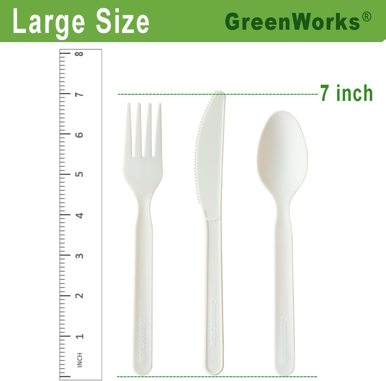 GreenWorks 300 Count 7" Heavy-duty Compostable Cutlery Set,100 Forks 100 Spoons 100 Knives,BPI Certified Large t Disposable Bio-based Cutlery