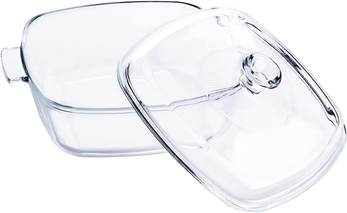 Clear Square Glass Casserole with Lid, Baking Dish with Glass Cover, Oven, Freezer and Dishwasher Safe (1.2-Quart Square)