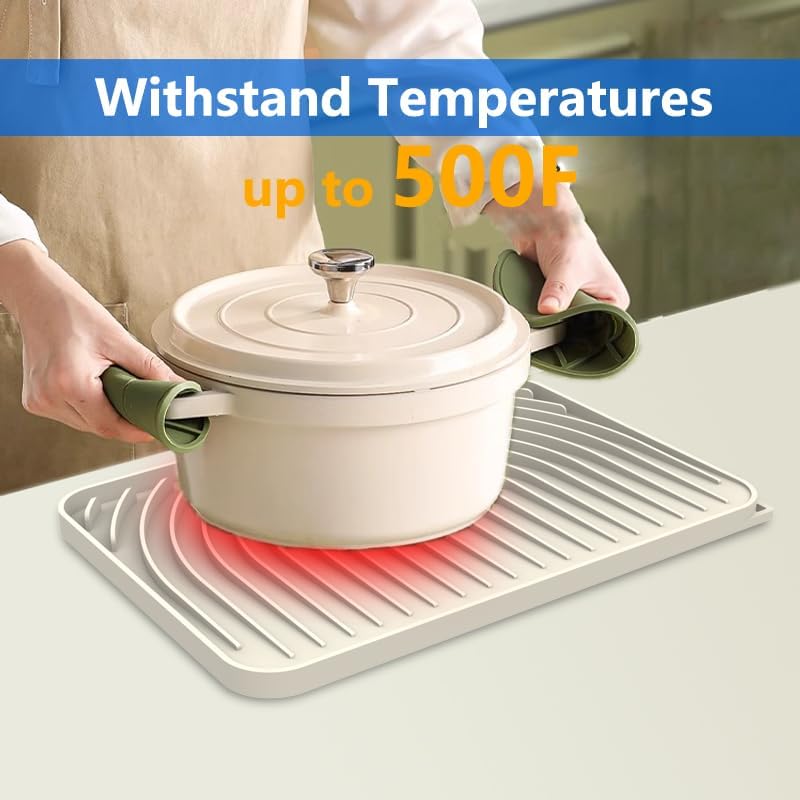 Dish Drying Matt for Kitchen Counter,14.6"×11"Silicone Dry Rack Mat with Built in Drain, Kitchen Dry Mats for Dishes Drying Pad for Counter(14.6"×11"Cream)