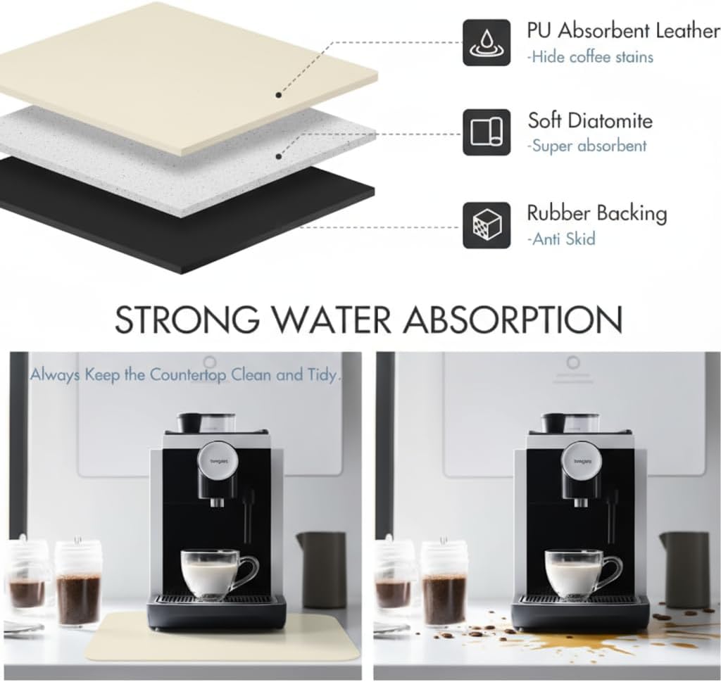 Dish Drying Mat Super Absorbent – 16" x 18" Coffee Mat for Countertops – Non-Slip Drying Mat for Kitchen Counter – Easy to Clean Water Absorbent Mat – Large Dish Drying Mats (Tapioca)