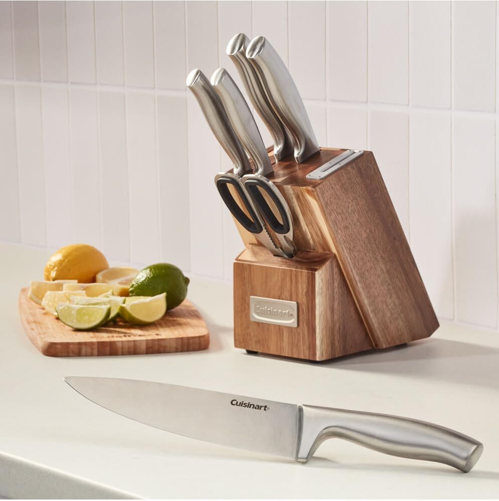 Cuisinart C77SS-7P Stainless Steel 7-Piece Prep Knife Set Acacia Block Precision Cut Blades, Ergonomic Handles