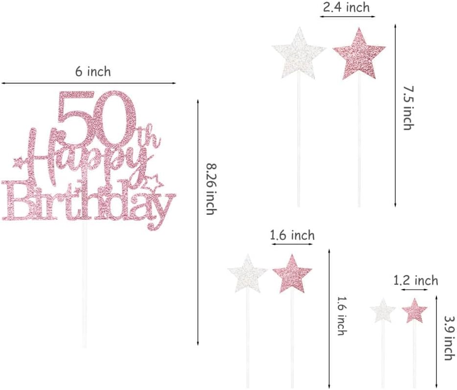 Glittery 50th Happy Birthday Cake Topper with Star,Personalised 50 Birthday Cake Toppers Party Decorations Party Supplies for Men Women Rose Gold
