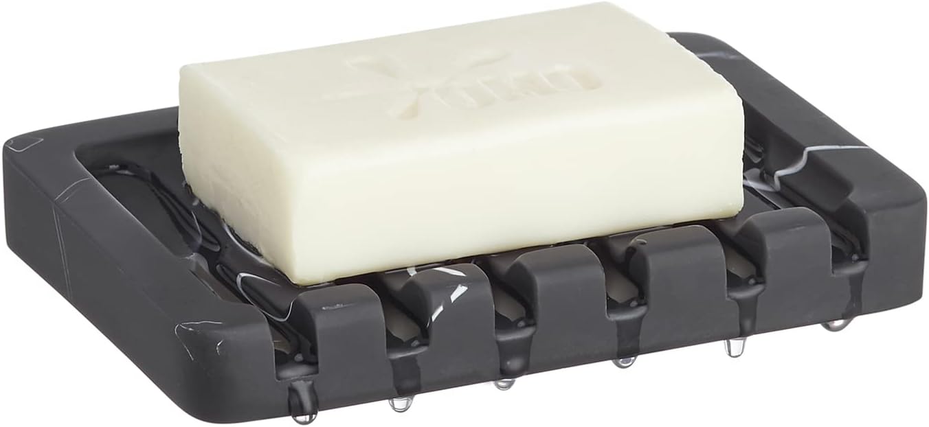 Self Draining Soap Dish - Marble Look Soap Holder Tray Savers Box Container Sponge Holder for Bathroom Shower Kitchen, Black