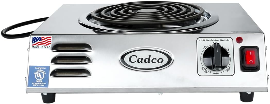 Cadco CSR-3T 14" Electric Portable Countertop Hi-Power Hot Plate w/One Tubular Burner for Restaurant Hotel Food Truck Concession Kiosk, Stainless Steel, 120v