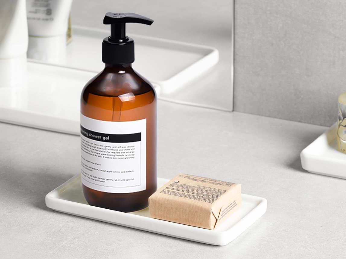 Gurygo 6" Small Ceramic Bathroom Tray for Kitchen Counter - Rectangle Ceramic Sink Tray for Bathroom Counter - Porcelain Dispenser Organizer for Kitchen Bathtub Counter, White