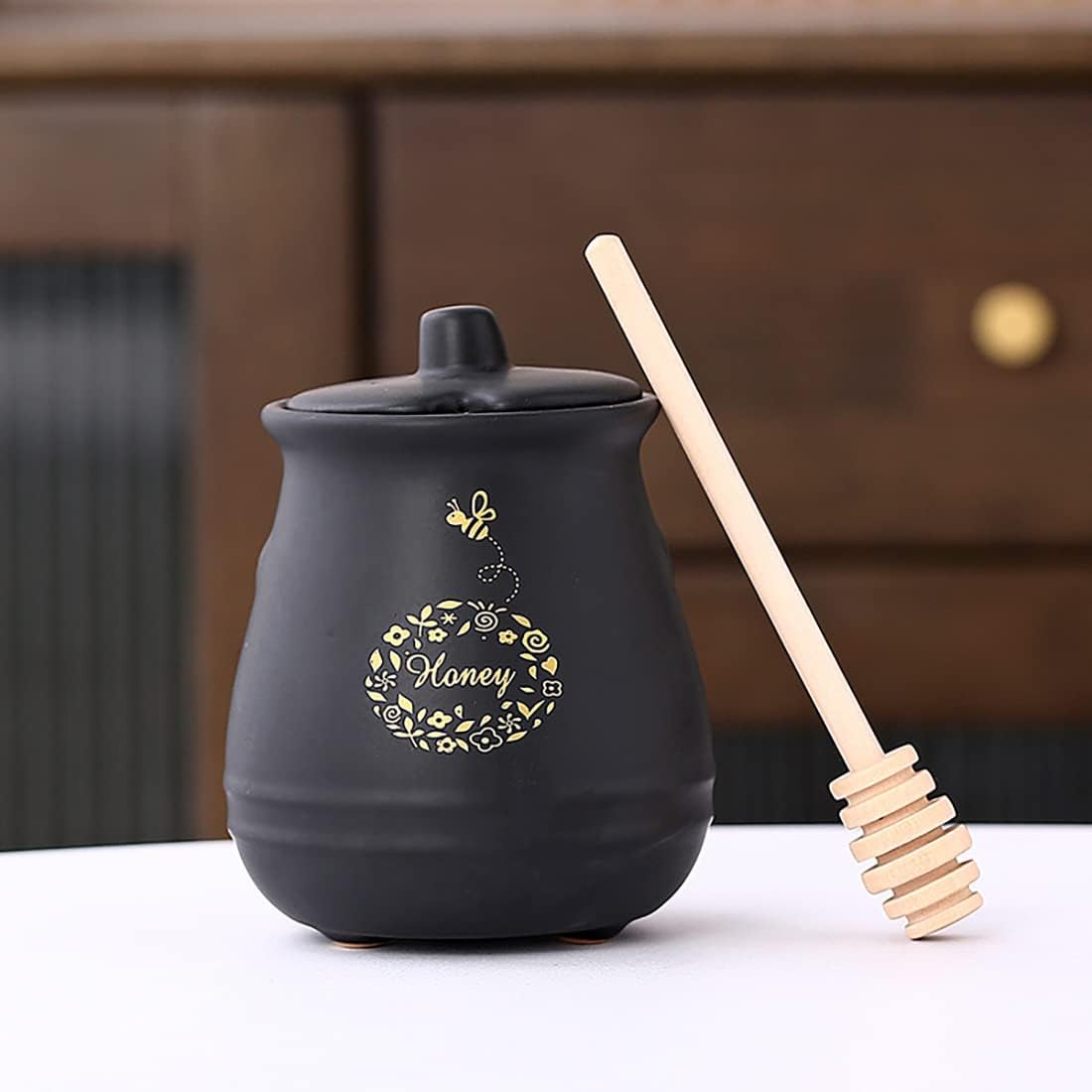 Ceramic Honey Jar with Wooden Honey Dipper-Honey Pot with Dipper- Honey Jar with Stand, Great Bee Decor- Farmhouse Kitchen Decor (Honey Jar-Black)
