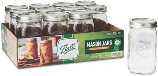 Ball Wide Mouth Clear Glass Canning Quart 32 Oz Mason Jars with Lids, 12 Pack
