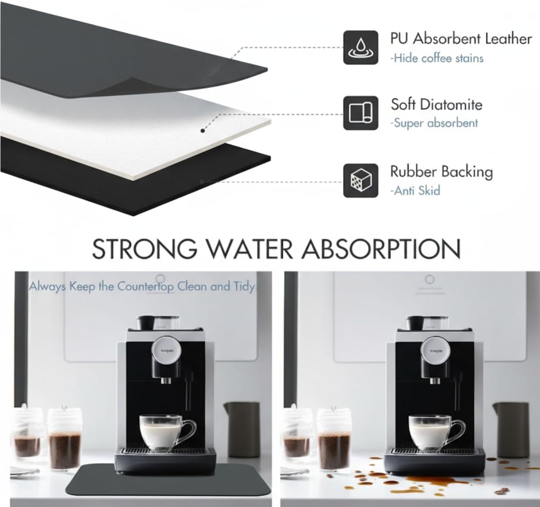 Dish Drying Mat Super Absorbent – 24" x 16" Coffee Mat for Countertops – Non-Slip Drying Mat for Kitchen Counter – Easy to Clean Water Absorbent Mat – Large Dish Drying Mats (Dark Gray)