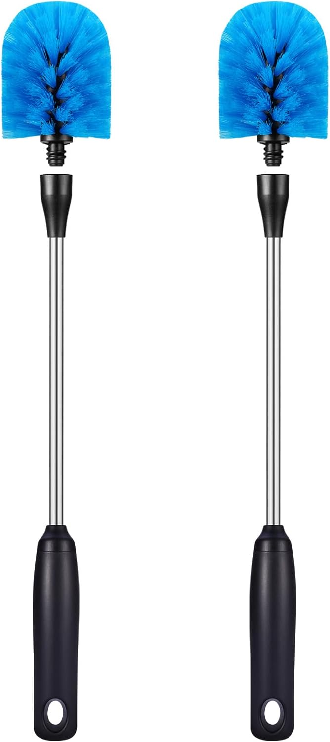 Stainless Steel Bottle Brush with Replaceable Head, Long Handle Scrub Brush for Water Bottles, Glasswares, Mugs, Flasks, Tumblers, Vases, and Kitchen Sink, 2 Pack, 15 in