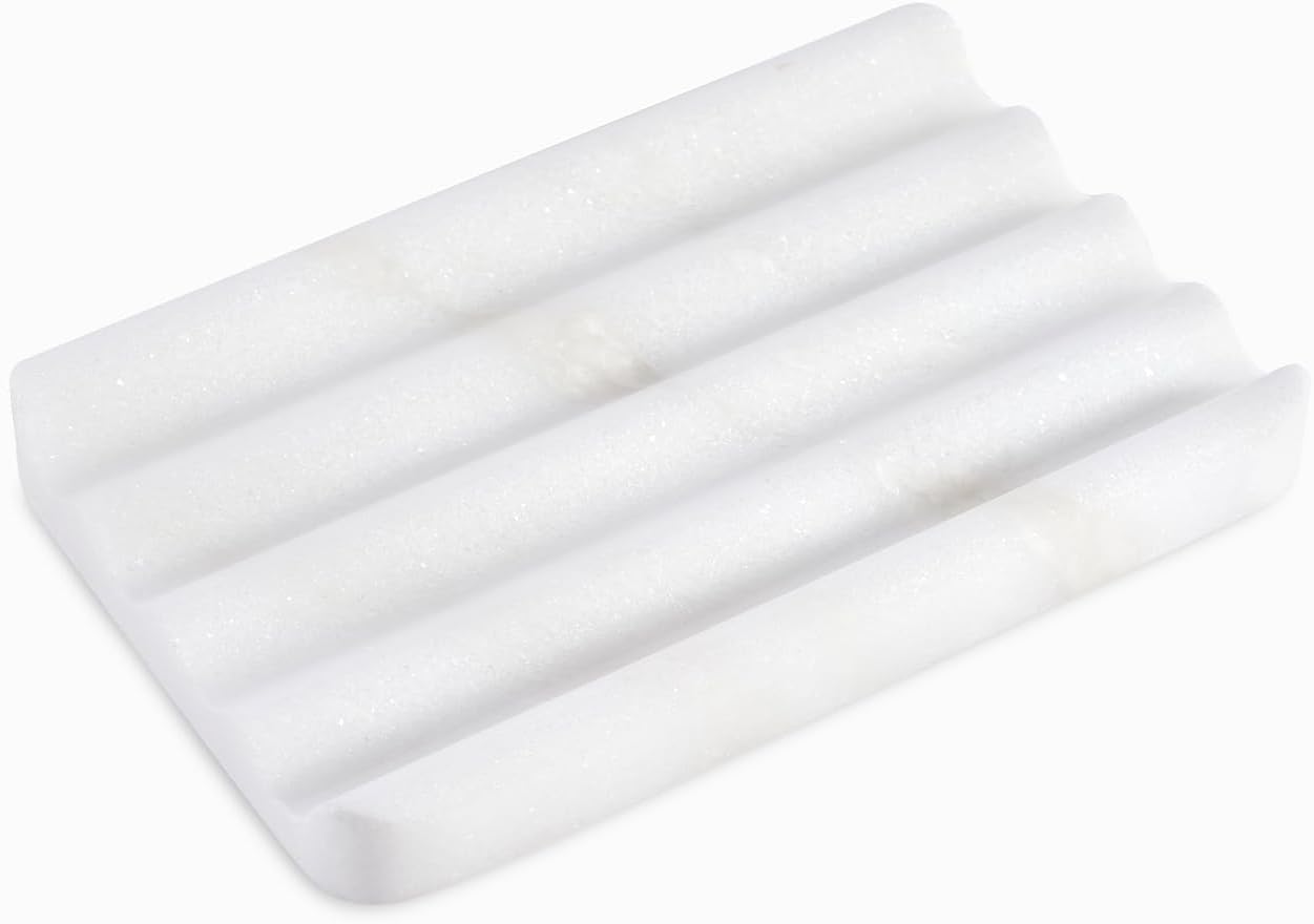 Soap Dish, Marble Soap Holder for Shower, Bar Soap Holder with Water Ripple Design, Easy Cleaning Soap Saver for Kitchen Sink，Bathroom, Executive African Natural Stone Soap Tray(Namib Bianco)