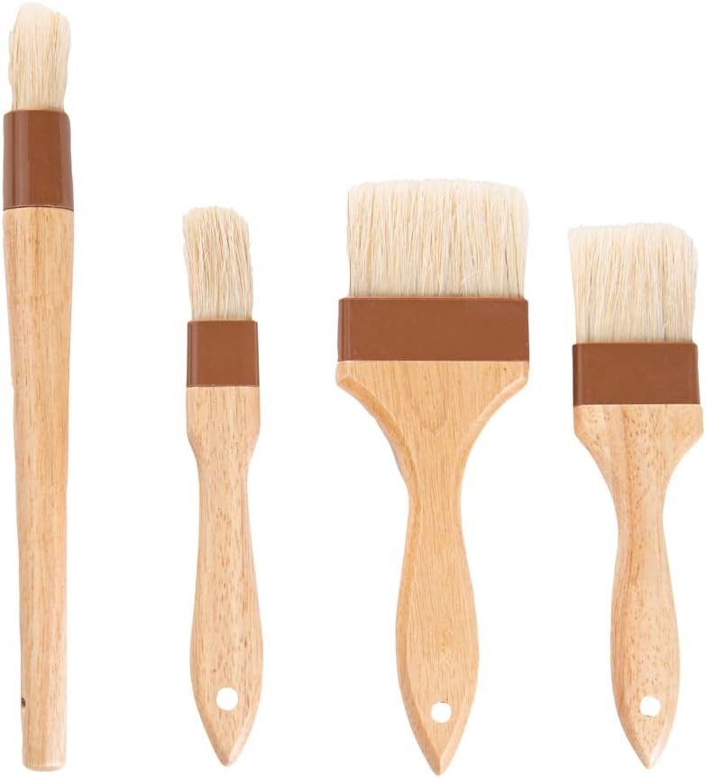 Restaurantware-Pastry Tek Wide Buttering Brush Set, 1 Set of 4 Boar Bristle Pastry Brushes - Hardwood Handle, Sturdy Ferrule, Wood Basting Brushes, Built-In Hanging Hole, For Glazing And Basting
