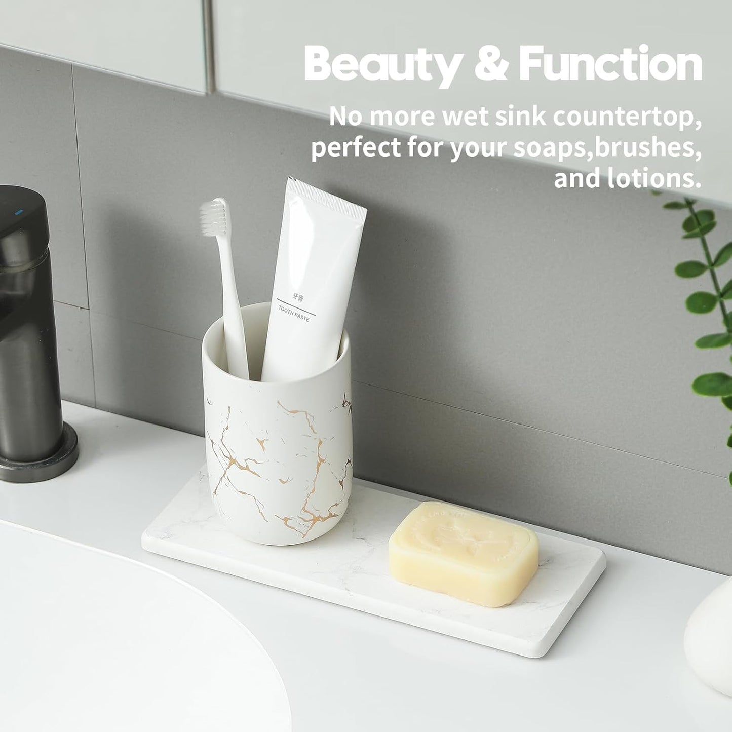 2PCS Diatomite Marble Tray Quick Drying Mat for Kitchen Counter, Water Absorbing Stone Vanity Caddy for Bathroom Sink,Faucet Splash Guard,Soap Dispenser Rack Sponge Holder Organizer, White, 9"x3.5"