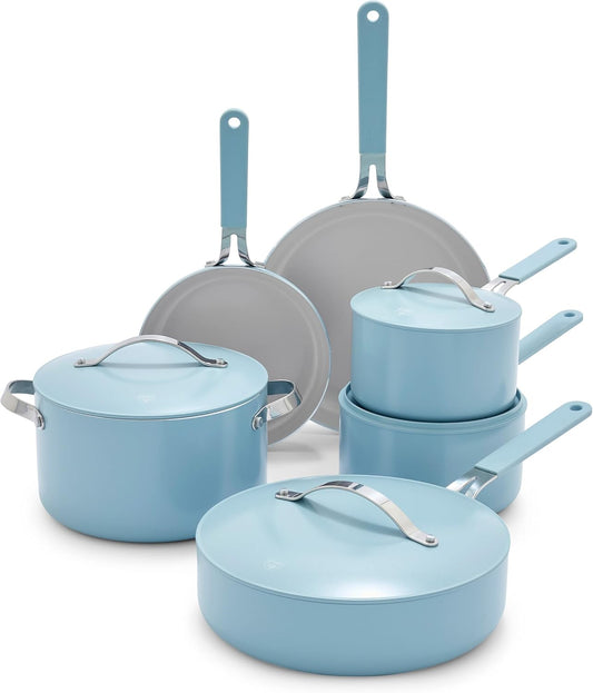 GreenLife 10-Piece Nonstick Ceramic Cookware Set, Lightweight Healthy PFAS-Free Pots & Pans with Lids, Dishwasher & Oven Safe, Durable Body, Silicone Stay-Cool Handles, Easy Release, Blue Haze