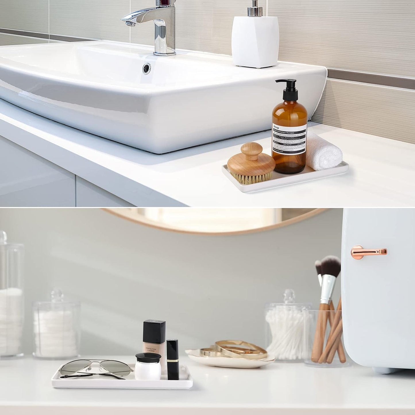 Gurygo 8" Bathroom Trays - Ceramic Vanity Tray for Bathroom - Small Ceramic Tray - Kitchen Soap Trays - Porcelain Dispenser Organizer for Kitchen Bathtub Counter (White)