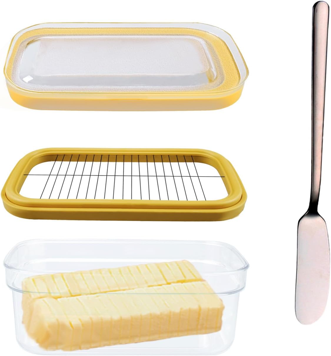 Butter Dish Slicer Cutter with Lid Sealed Butter Container with Stainless Steel Cutting Grid & Fork for Kitchen Countertop or Refrigerator Storage