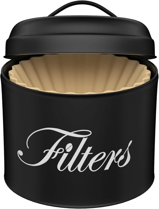 Black Basket Coffee Filter Holder With Lid - Round Container for Counter Storage - Rustic Farmhouse Bar Accessories Decor