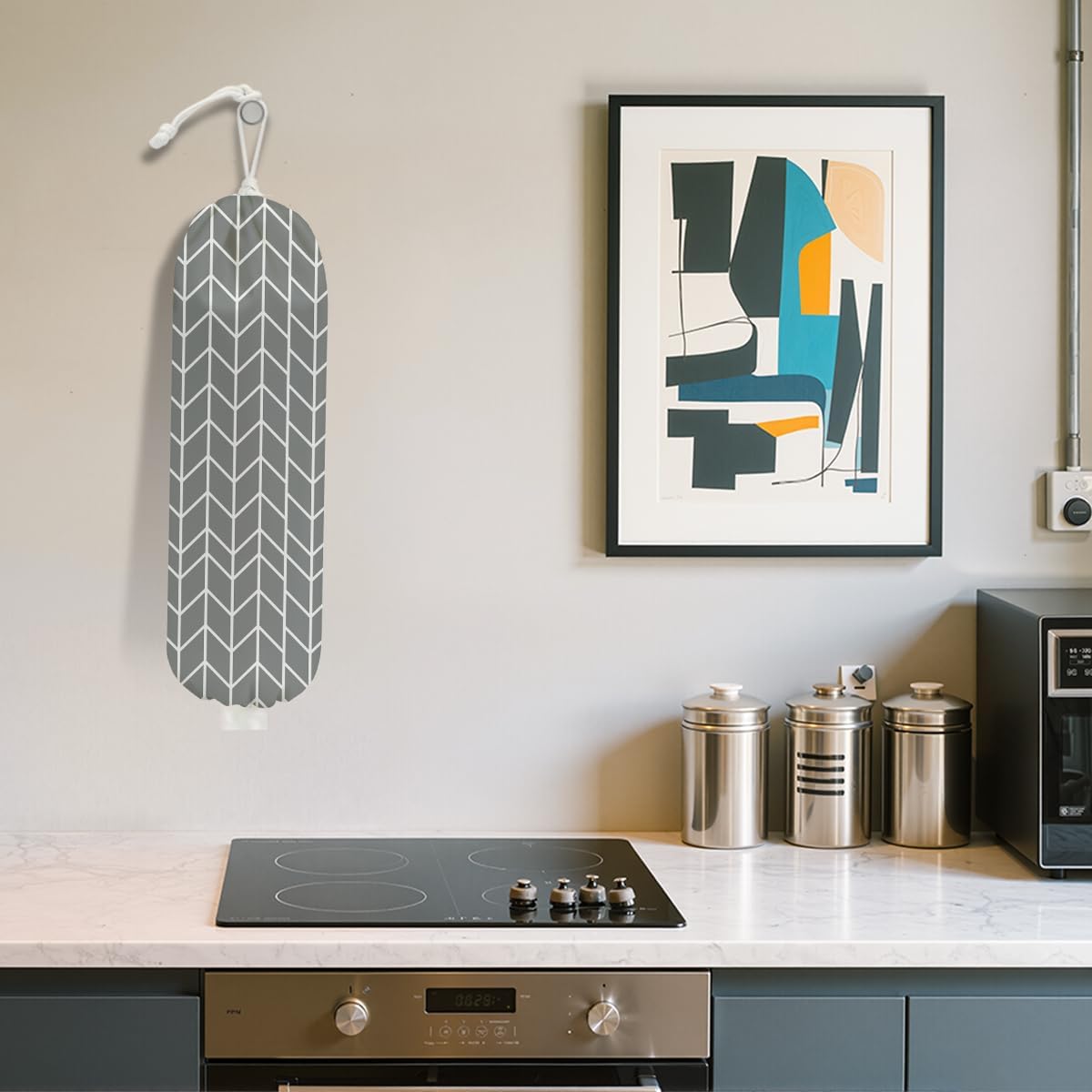 Gray Geometric Lines Plastic Bag Holder, Wall Mount Grocery Bag Holder for Plastic Bags, Abstract Art Kitchen Reusable Organizer Grocery Bags with Drawstring, Minimalist Gifts for Women Mom Grandma