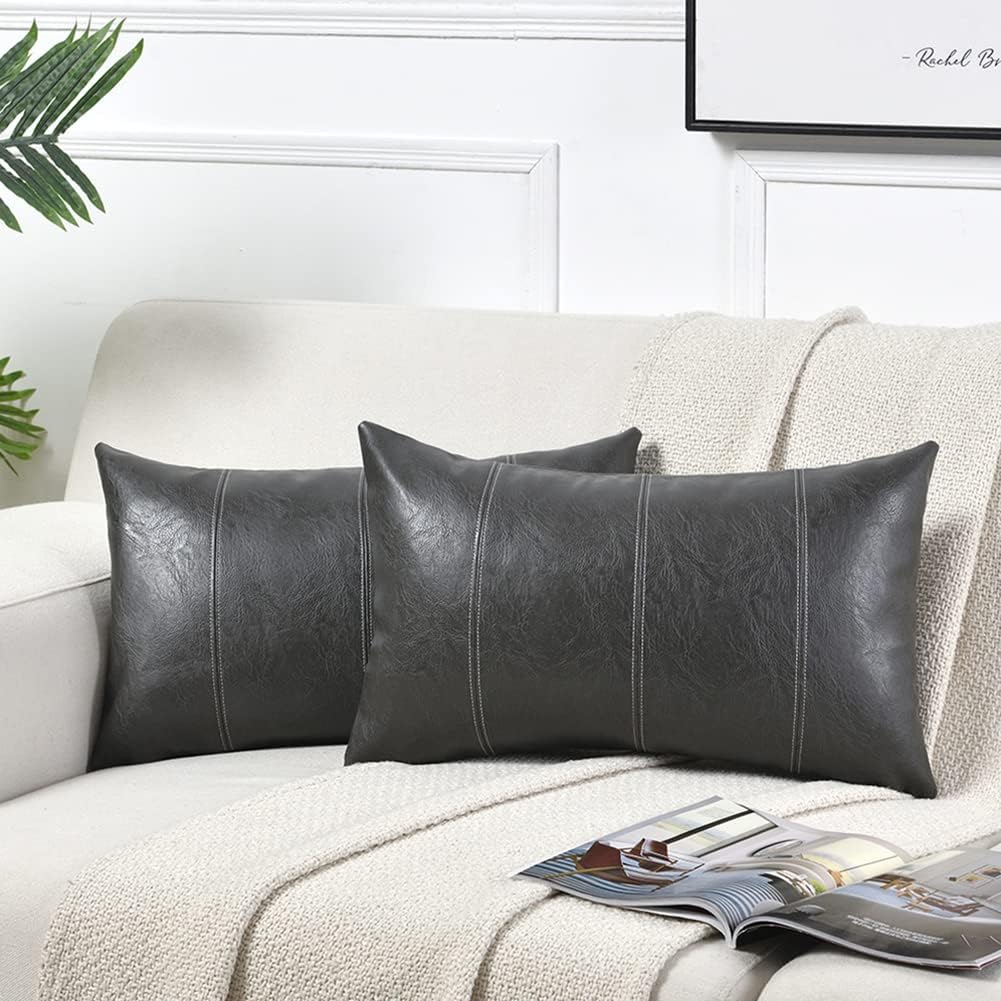 Fancy Homi Dark Gray Long Lumbar Faux Leather Decorative Throw Pillow Covers 12x24 Inch for Outdoor Couch Bed, Modern Farmhouse Boho Home Decor, Grey Hand Stitched Cushion Case 30x60 cm