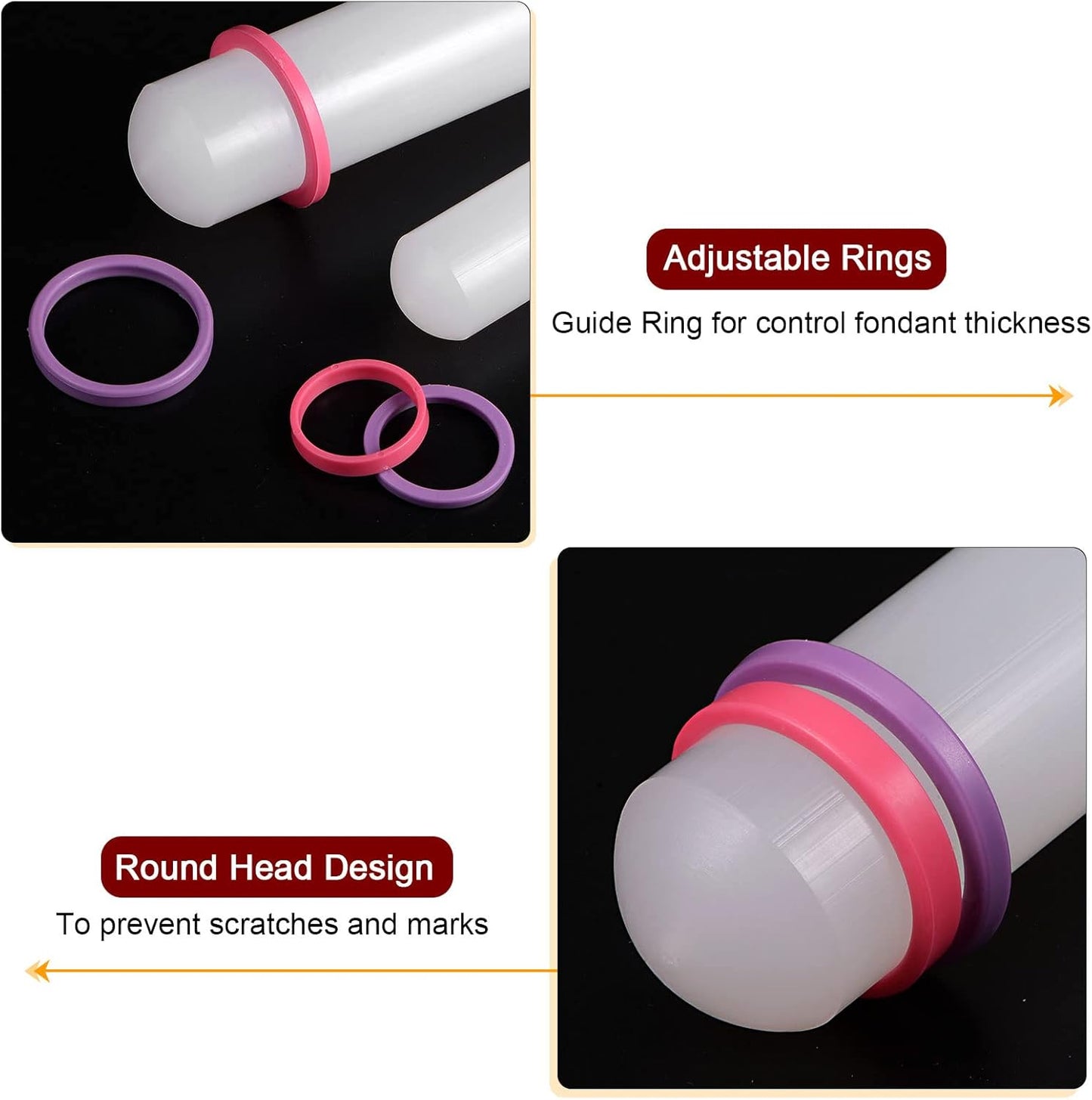 HARFINGTON 2pcs Fondant Rolling Pin 13 Inch x 0.98 Inch Adjustable Guide Rings Non-Stick PP Plastic Fondant Roller Dough Roller Kitchen Decorating Tools for Cookie Pastry Pizza Clay