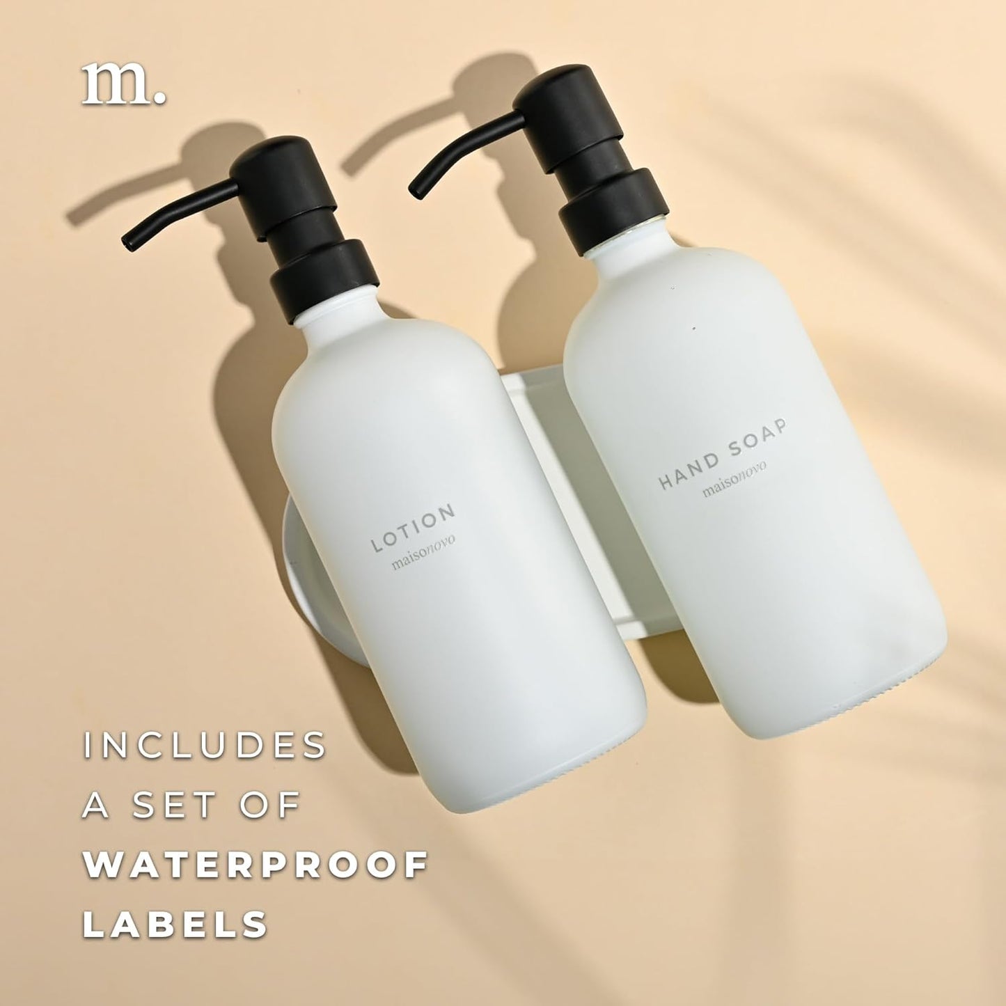 MaisoNovo Soap Dispenser 3-Piece Set | 16.9oz White Bottles with Black Stainless Steel Pumps