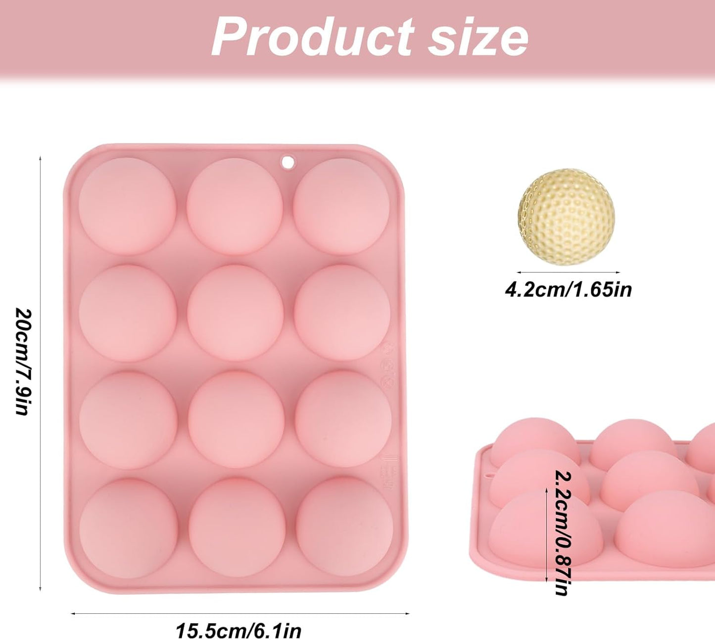 Silicone Golf Ball Chocolate Mold, 12 Cavity Golf Ball Cake Pop Mold for Cake Decorations Hot Chocolate Bombs Candy Fondant and More (Pink)