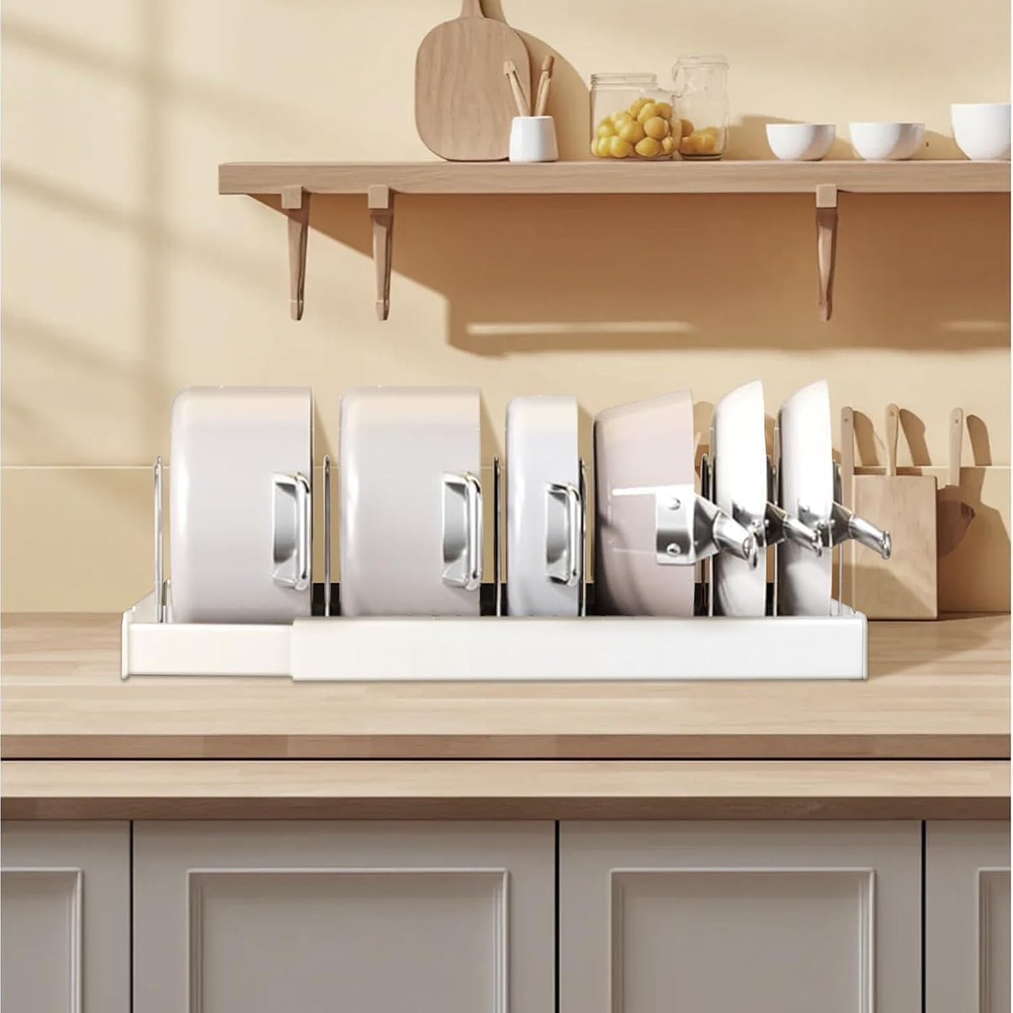 Expandable Pot Storage Rack for Kitchen Cabinets - Under-cabinet pot organizer, in-cabinet pot organizer, 10 adjustable compartments for pot lids, baking trays, cookware