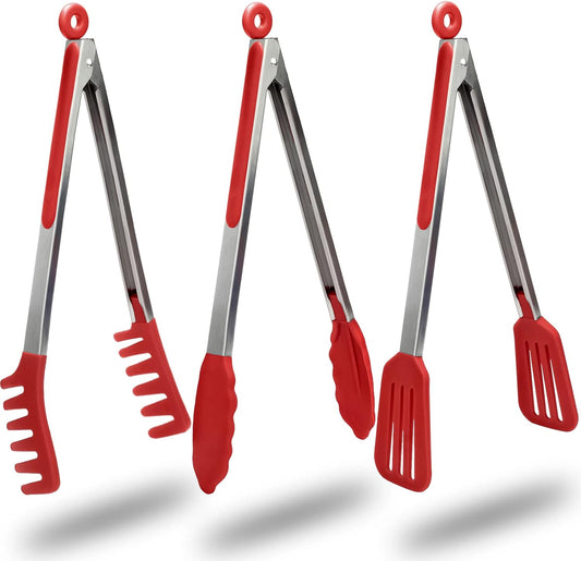 HST Tongs for Cooking with Silicone Tips(3 Pack), Non Stick Kitchen Tongs with Silicone Tip for Cooking BBQ Baking (12", Red)